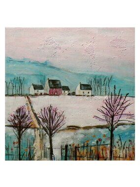 Winter Farmhouse Painting Snowy Country Landscape Mixed Media